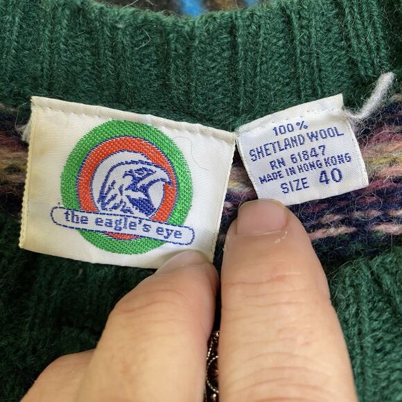 The Eagles Eye Vintage Green Sz 40 Shetland Wool Birds Eye Cardigan Sweater - Picture 9 of 10